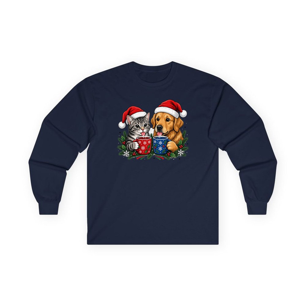 Cat And Dog With Mugs personalised long sleeve Christmas T-shirt in navy