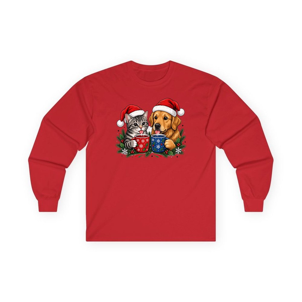 Cat And Dog With Mugs personalised long sleeve Christmas T-shirt in red