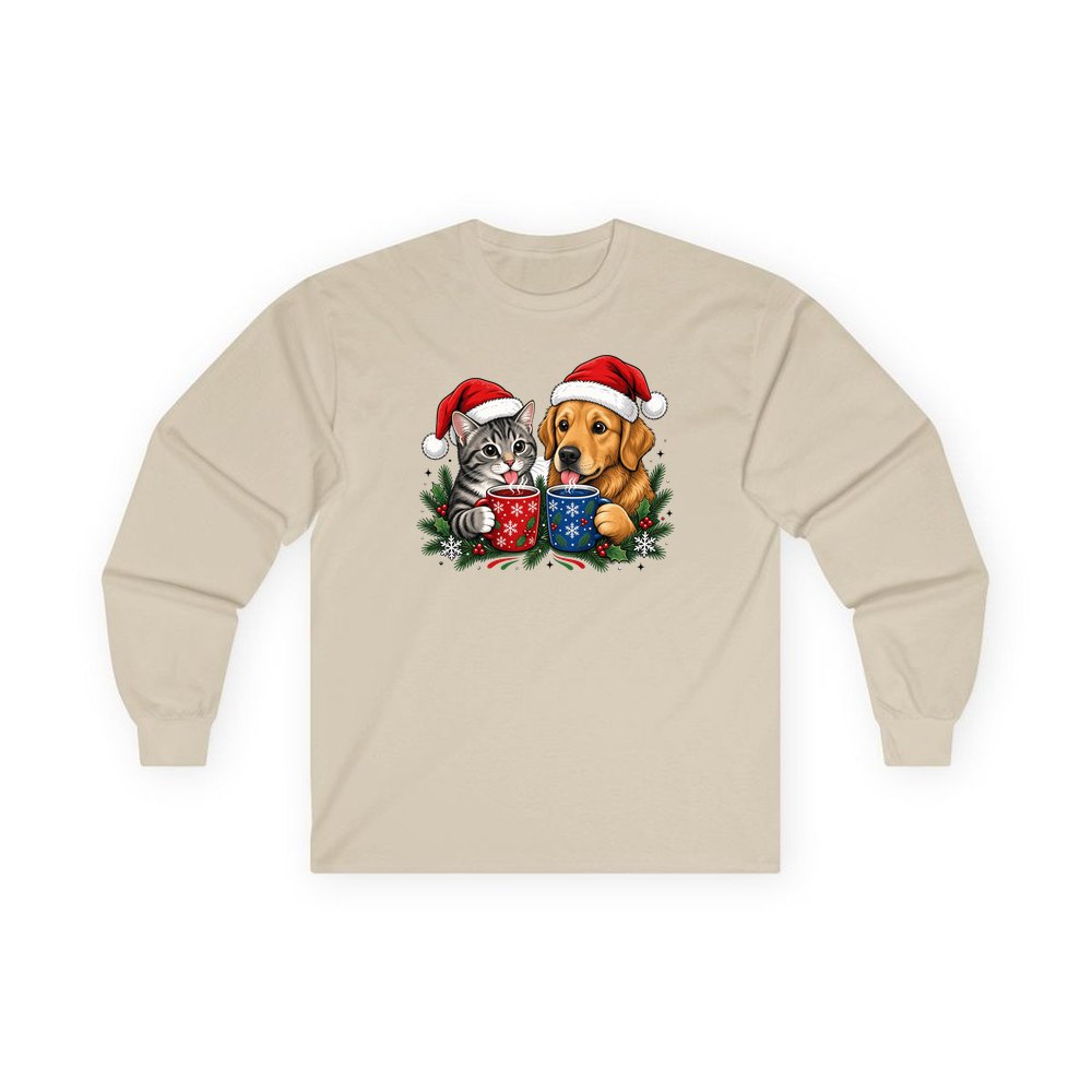Cat And Dog With Mugs personalised long sleeve Christmas T-shirt in sand