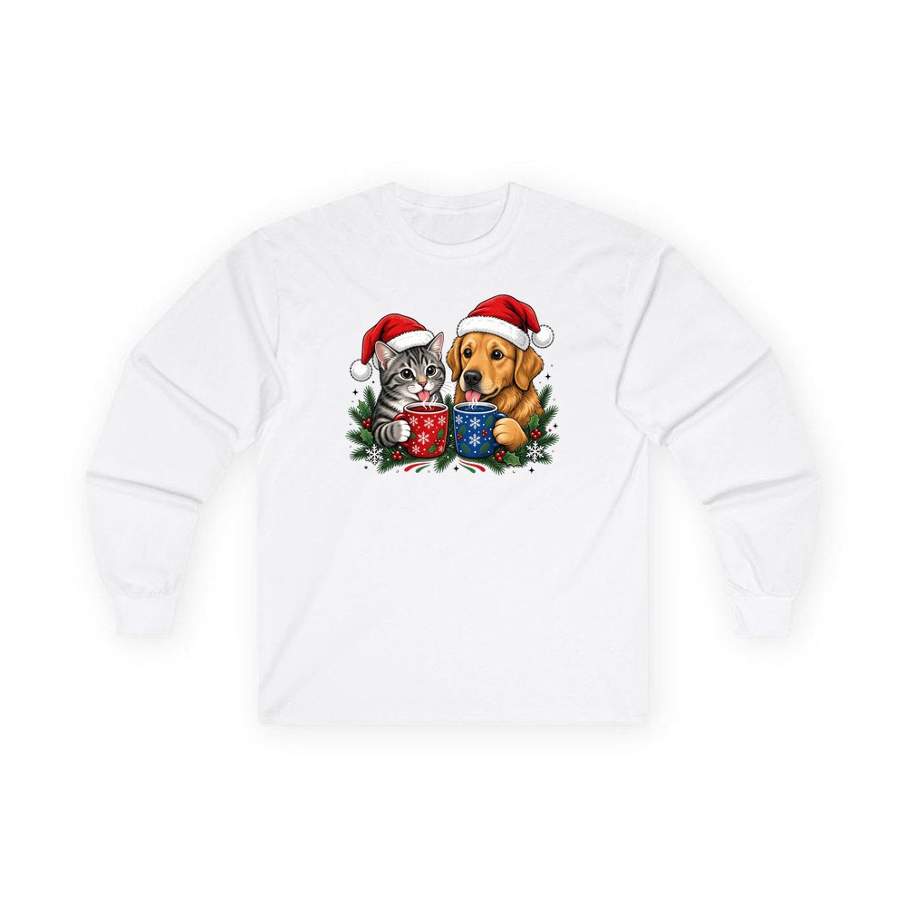 Cat And Dog With Mugs personalised long sleeve Christmas T-shirt in white