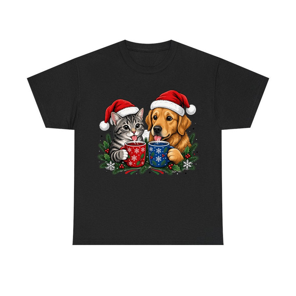 Cat And Dog With Mugs personalised Christmas T-shirt in black