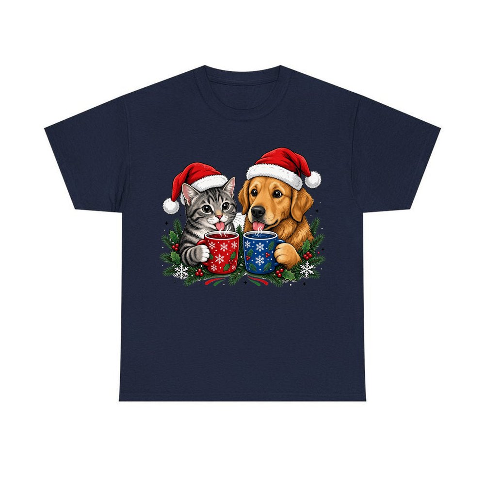 Cat And Dog With Mugs personalised Christmas T-shirt in navy