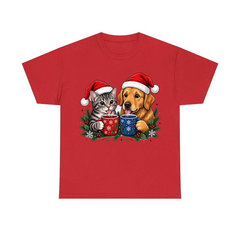 Cat And Dog With Mugs personalised Christmas T-shirt in red