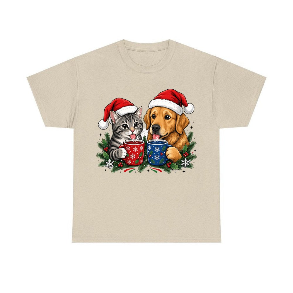 Cat And Dog With Mugs personalised Christmas T-shirt in sand