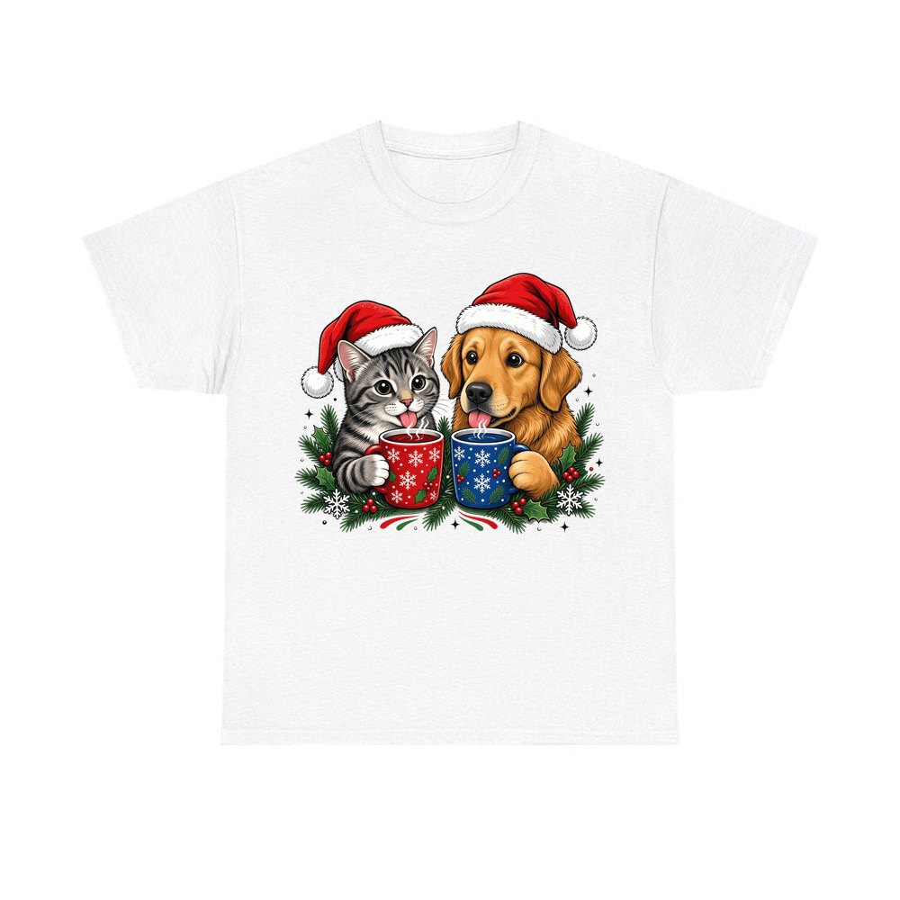 Cat And Dog With Mugs personalised Christmas T-shirt in white