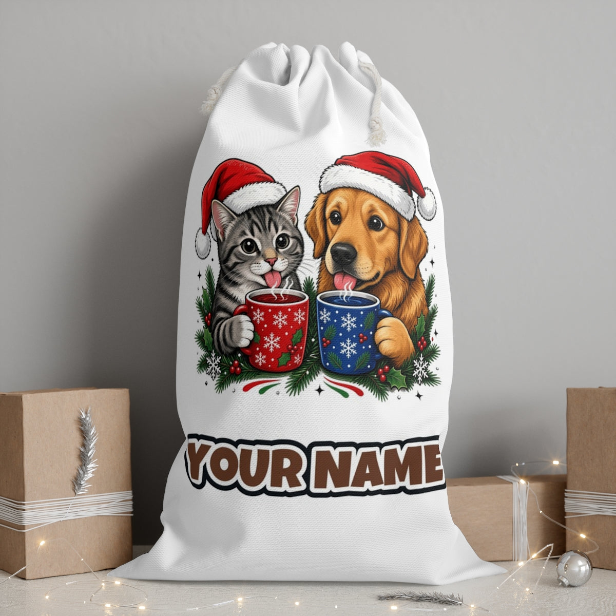 Cat And Dog With Mugs personalised Santa sack, white, with the name printed under the artwork