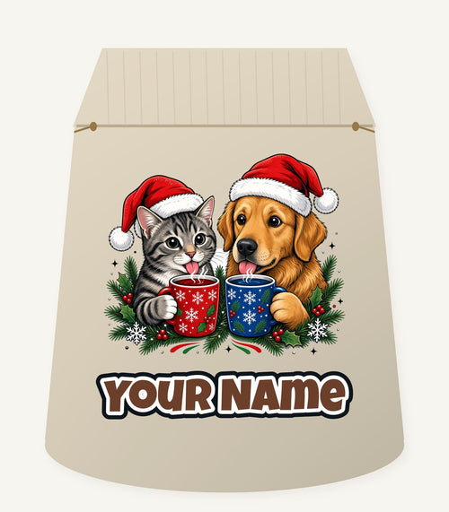 Cat And Dog With Mugs Personalised Santa Sack