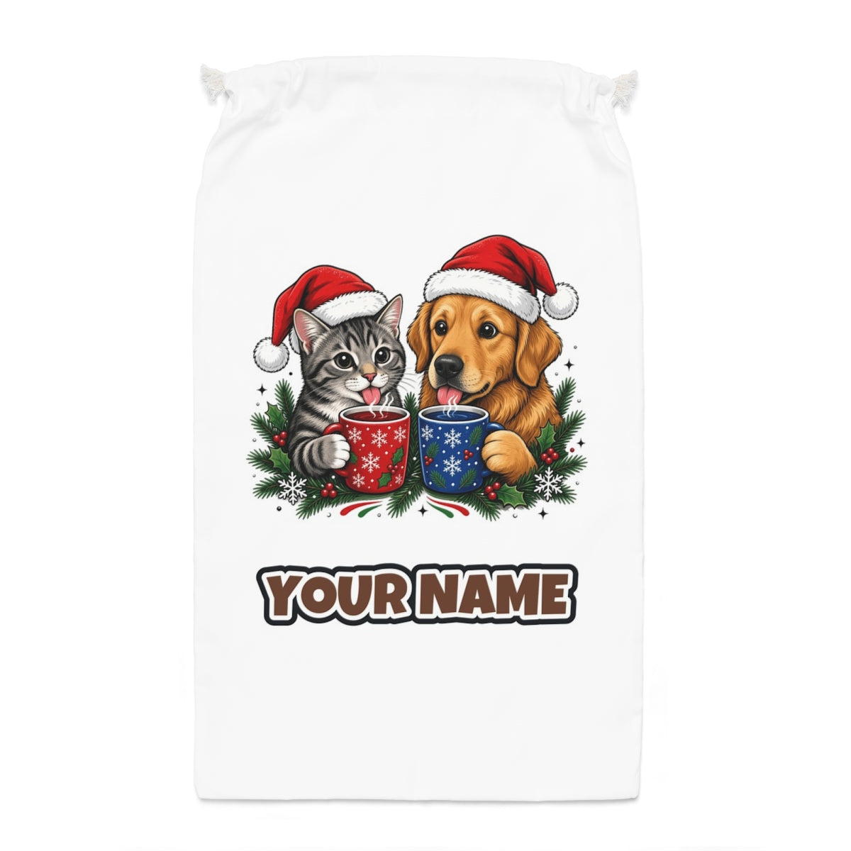 Cat And Dog With Mugs Santa sack laid flat, showing the full print