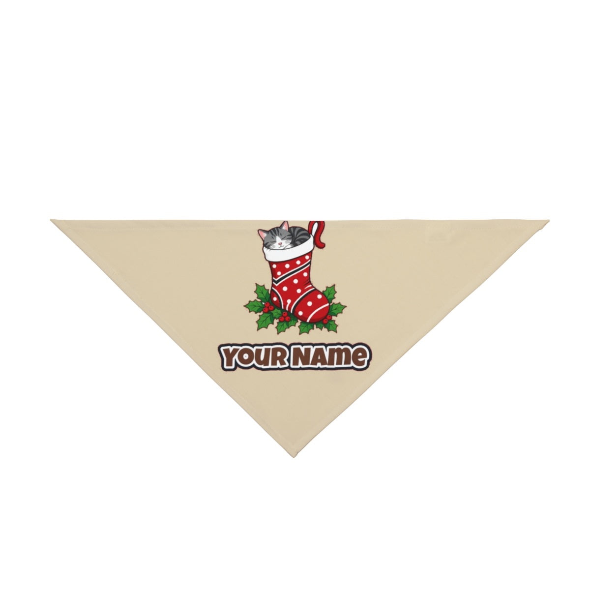 Cat Asleep in Stocking personalised Christmas pet bandana in beige, tie-on style