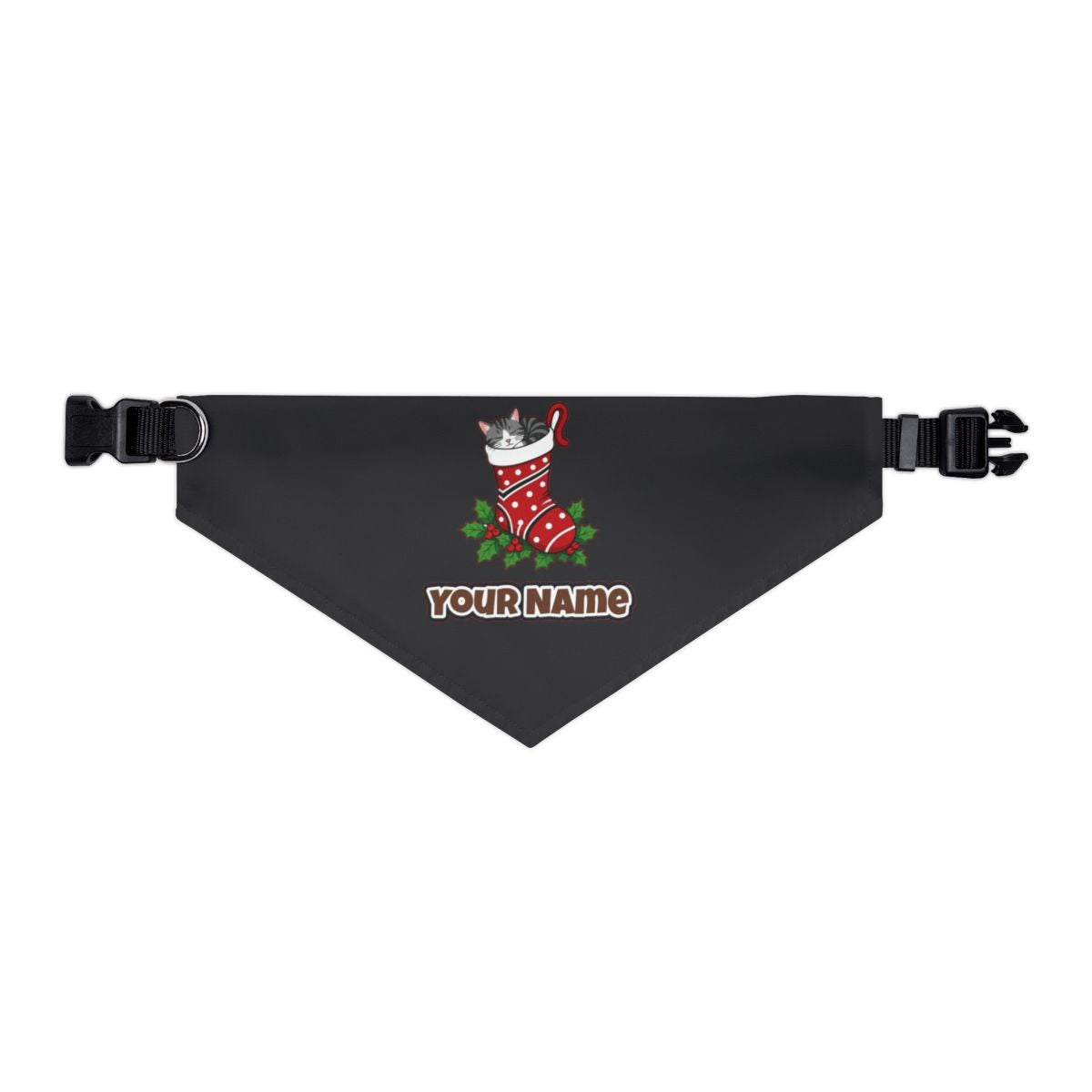 Cat Asleep in Stocking personalised Christmas pet bandana in black, collar with buckle