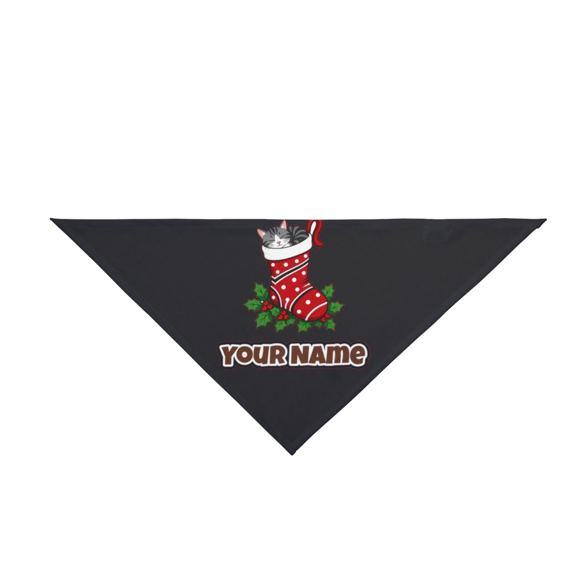 Cat Asleep in Stocking personalised Christmas pet bandana in black, tie-on style