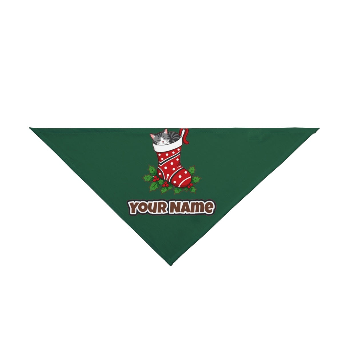 Cat Asleep in Stocking personalised Christmas pet bandana in green, tie-on style