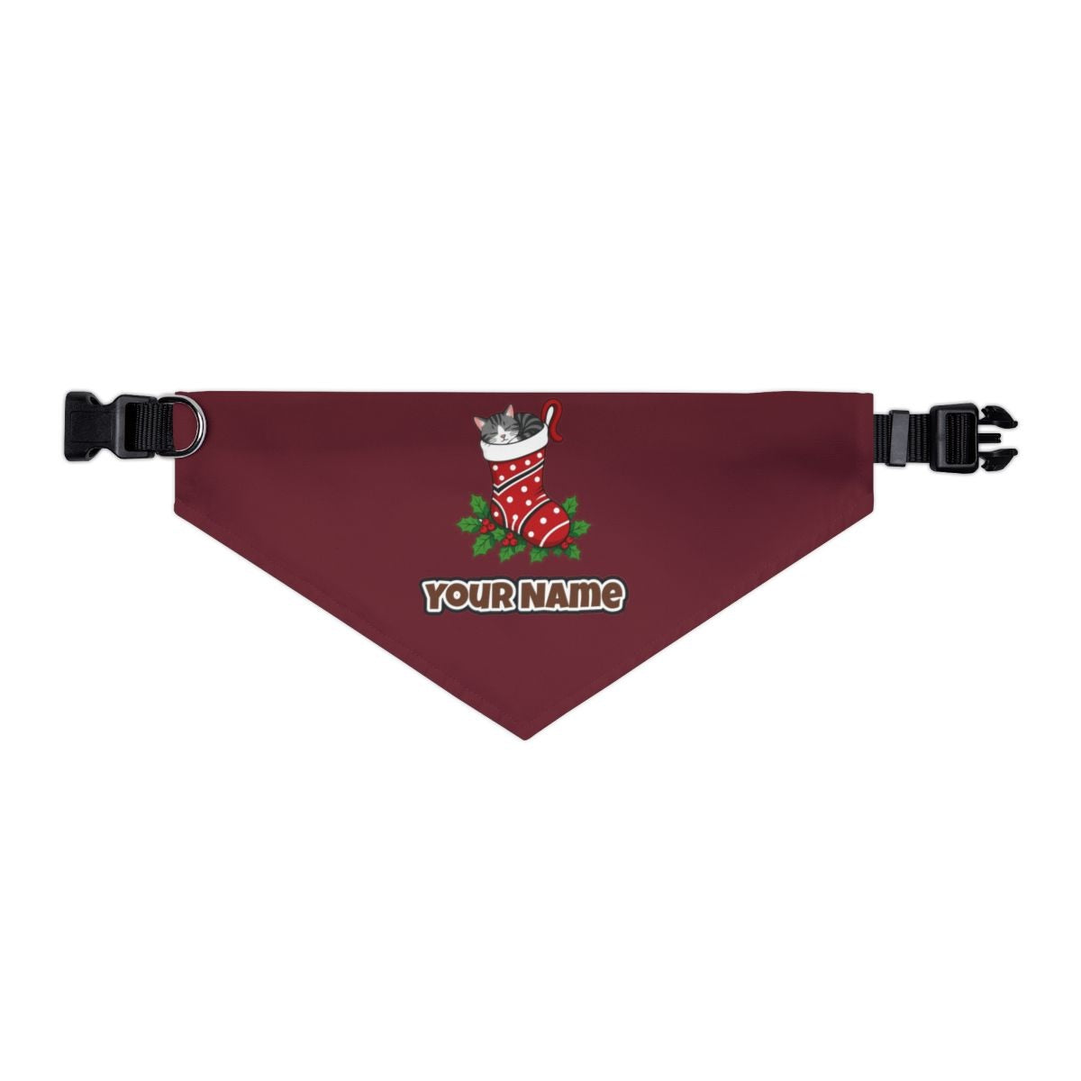 Cat Asleep in Stocking personalised Christmas pet bandana in maroon, collar with buckle