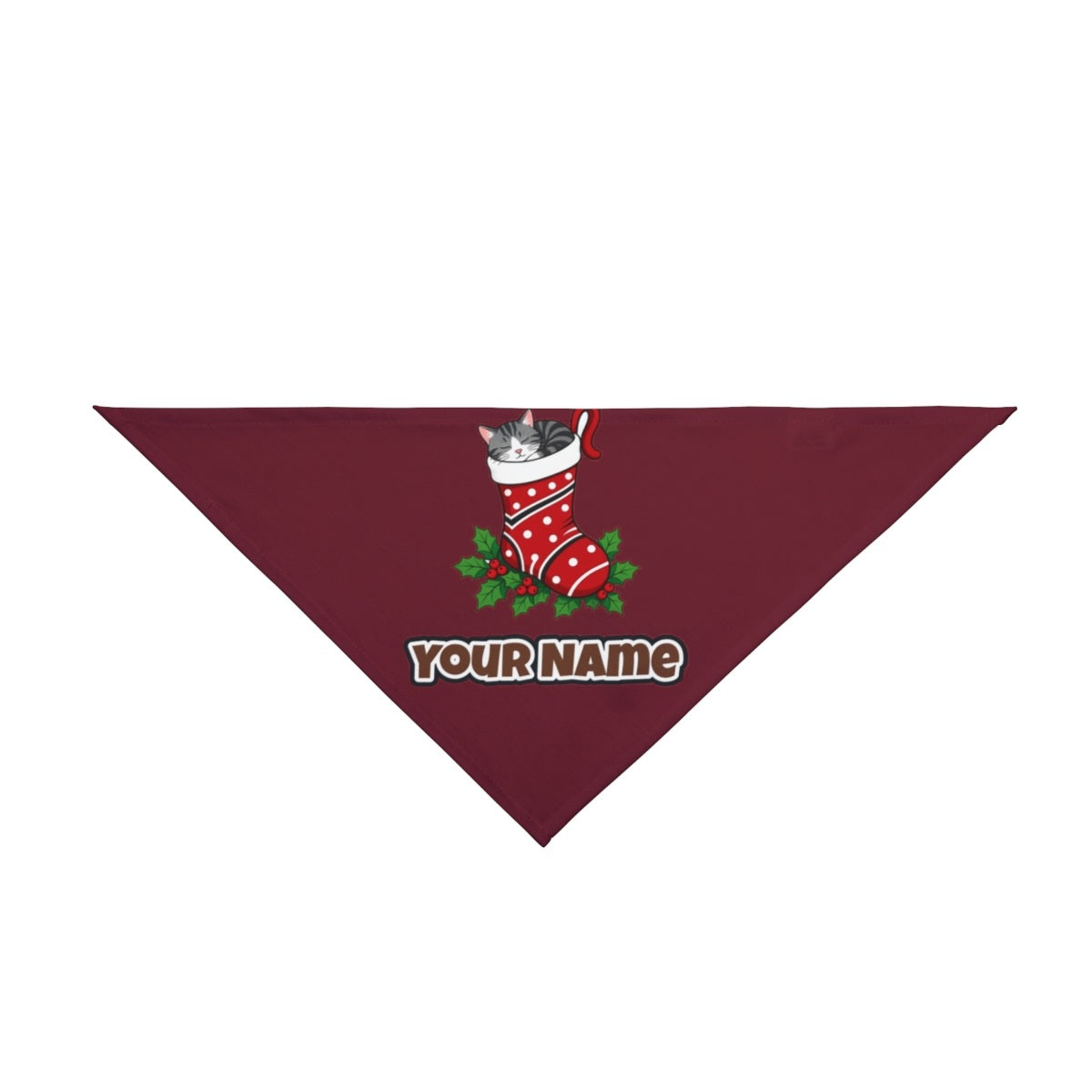 Cat Asleep in Stocking personalised Christmas pet bandana in maroon, tie-on style
