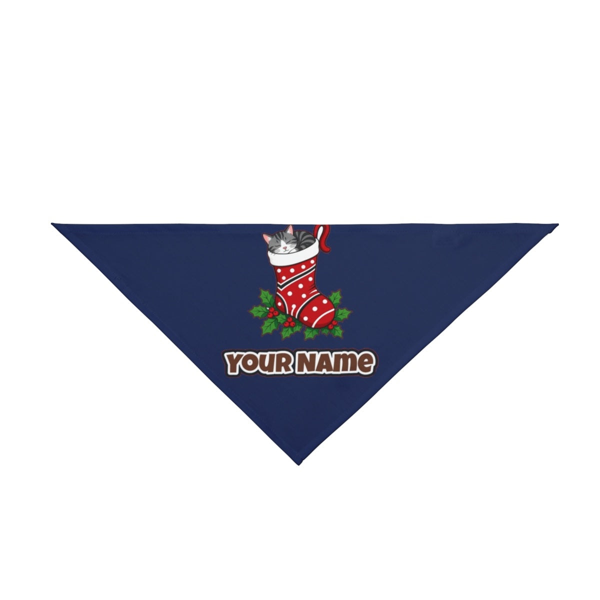 Cat Asleep in Stocking personalised Christmas pet bandana in navy, tie-on style
