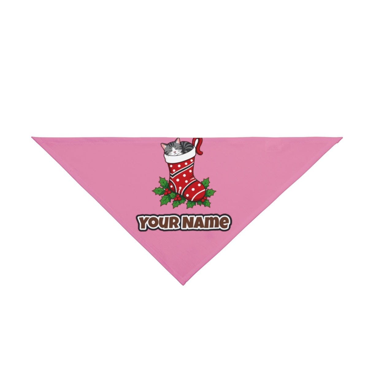 Cat Asleep in Stocking personalised Christmas pet bandana in pink, tie-on style