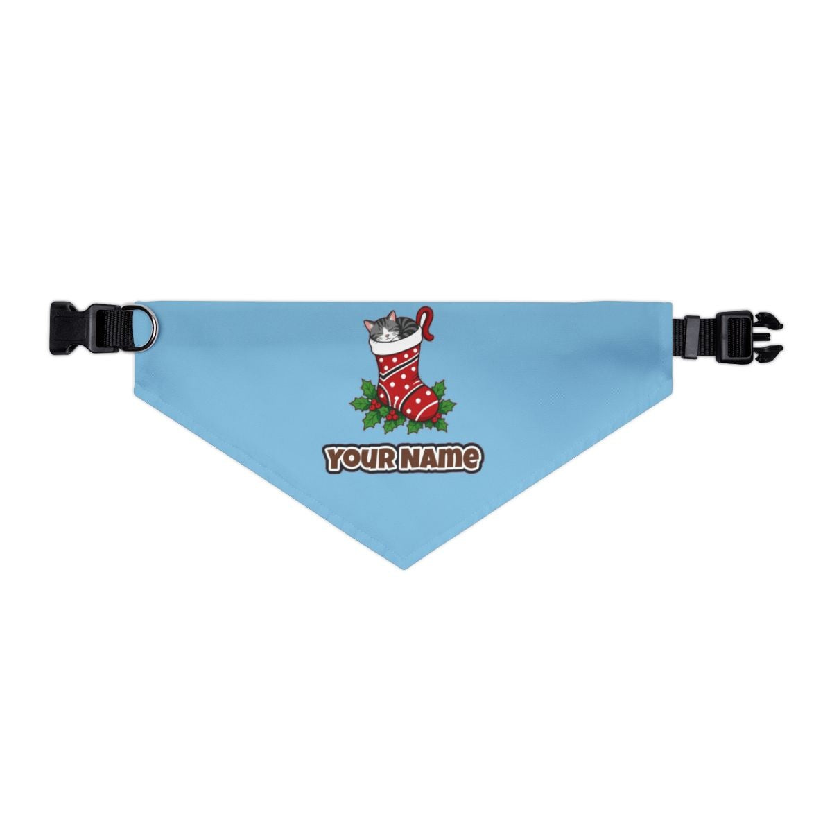 Cat Asleep in Stocking personalised Christmas pet bandana in sky blue, collar with buckle