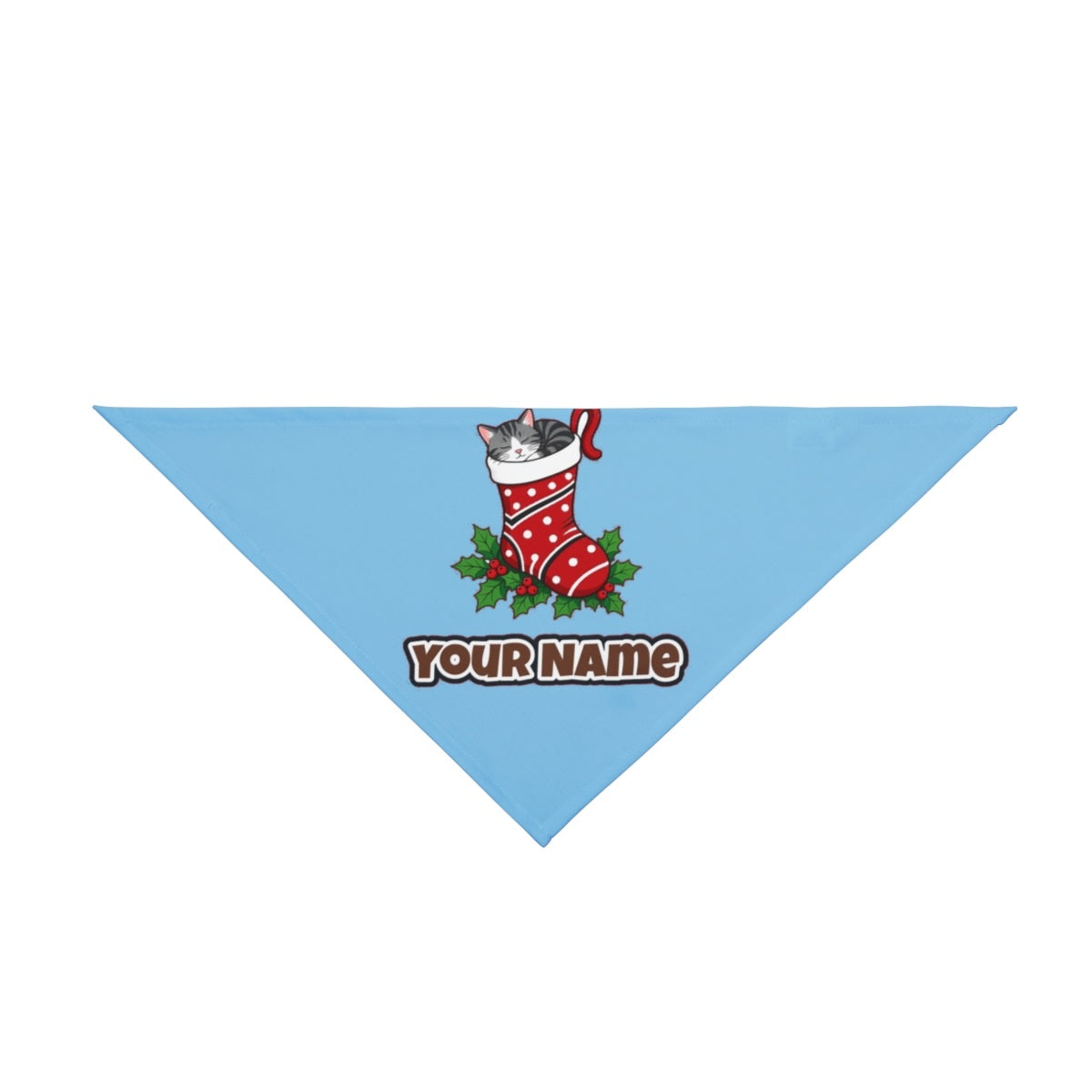 Cat Asleep in Stocking personalised Christmas pet bandana in sky blue, tie-on style