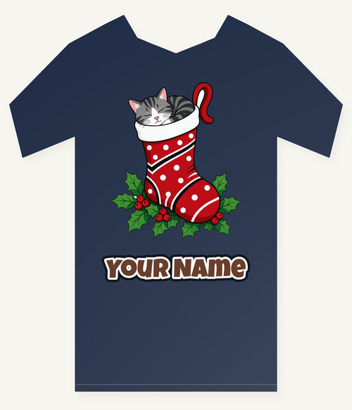 Cat Asleep in Stocking Personalised Kids Tee and Baby Bodysuit