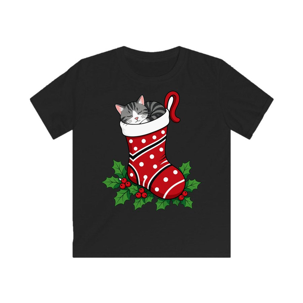 Cat Asleep in Stocking personalised kids Christmas tee in black