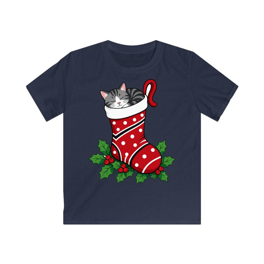 Cat Asleep in Stocking personalised kids Christmas tee in navy