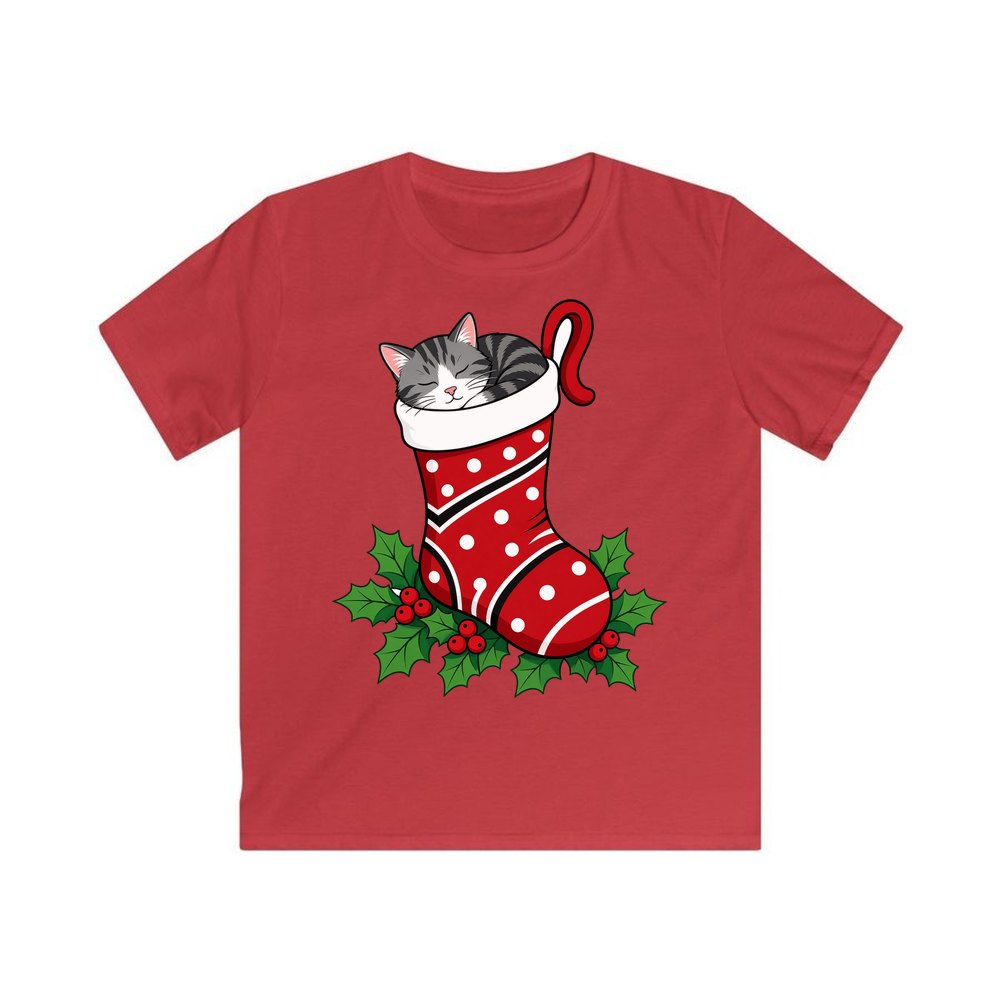 Cat Asleep in Stocking personalised kids Christmas tee in red