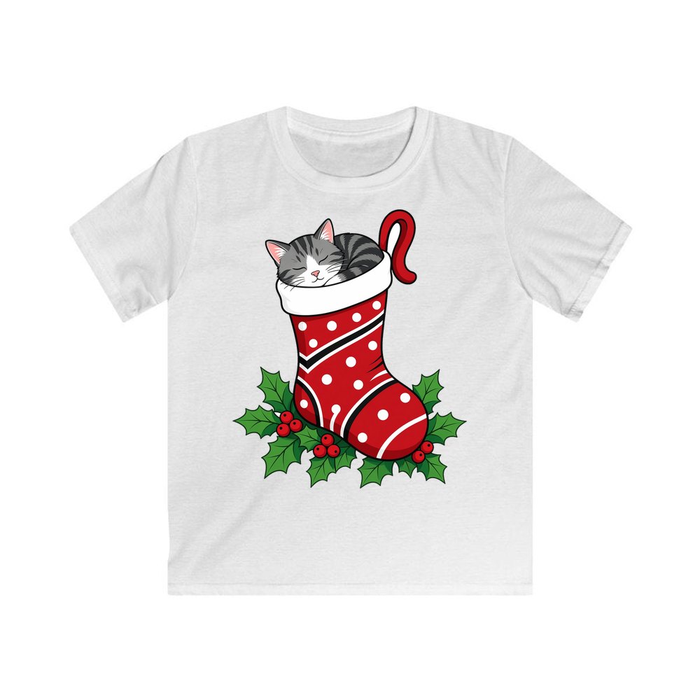 Cat Asleep in Stocking personalised kids Christmas tee in white