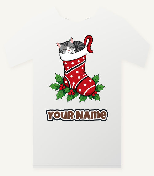 Cat Asleep in Stocking Personalised Christmas T-Shirt and Hoodie