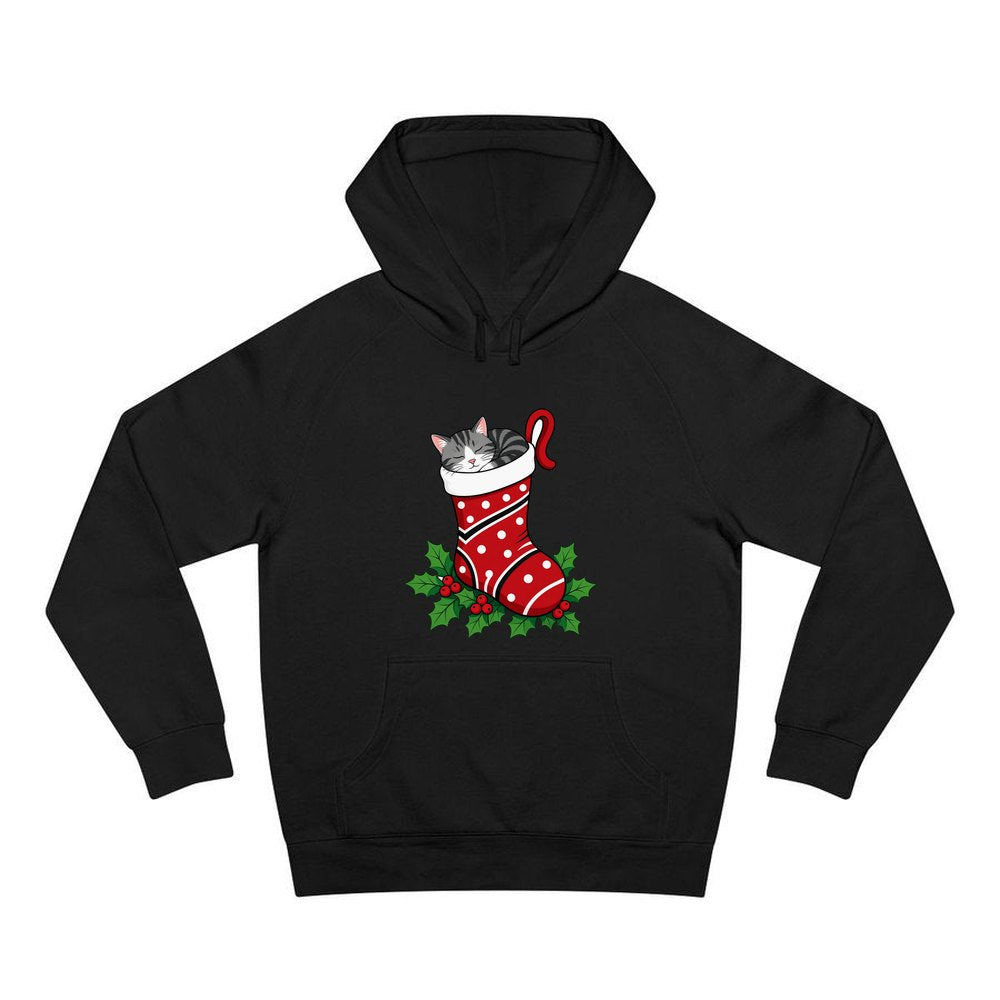 Cat Asleep in Stocking personalised Christmas hoodie in black