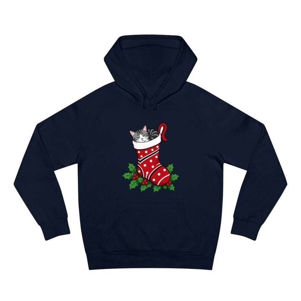 Cat Asleep in Stocking personalised Christmas hoodie in navy