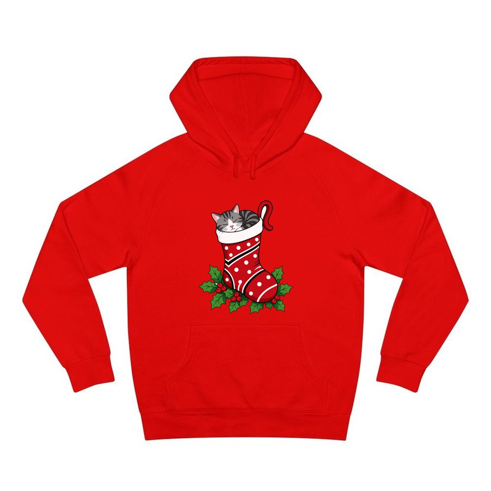 Cat Asleep in Stocking personalised Christmas hoodie in red