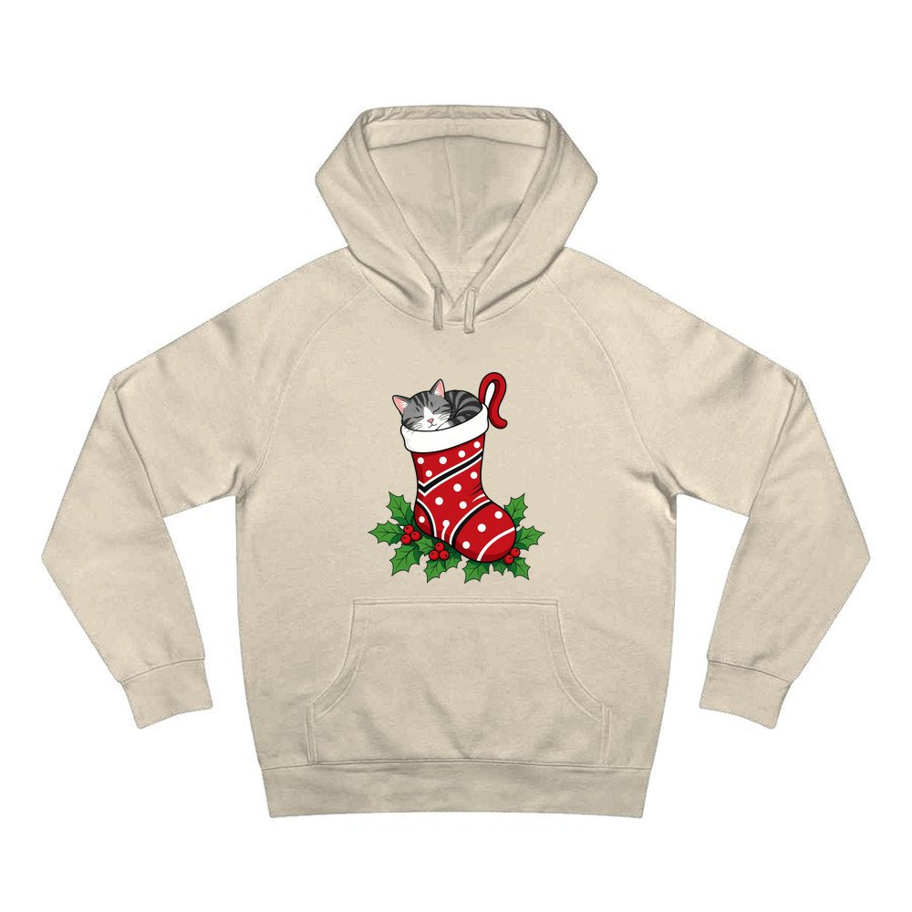 Cat Asleep in Stocking personalised Christmas hoodie in sand