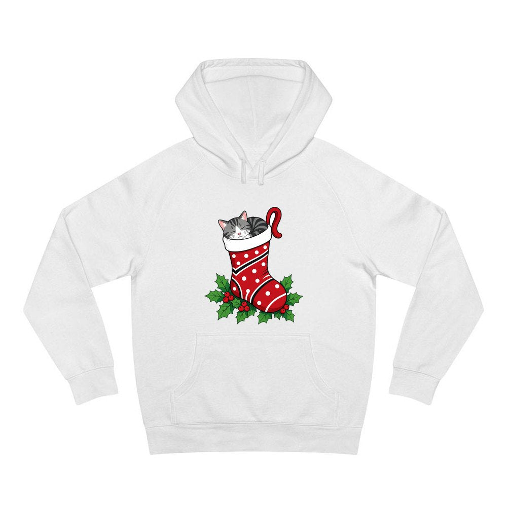Cat Asleep in Stocking personalised Christmas hoodie in white