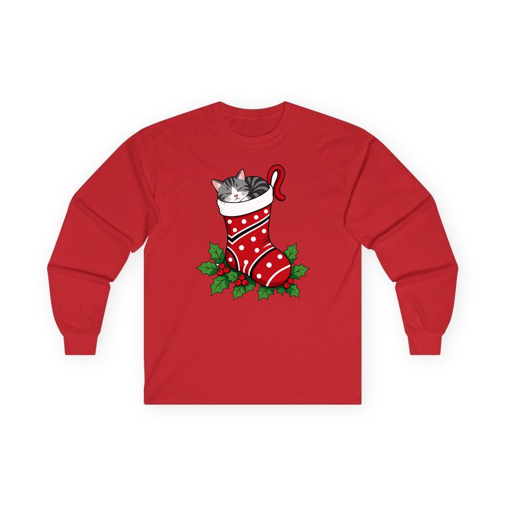 Cat Asleep in Stocking personalised long sleeve Christmas T-shirt in red