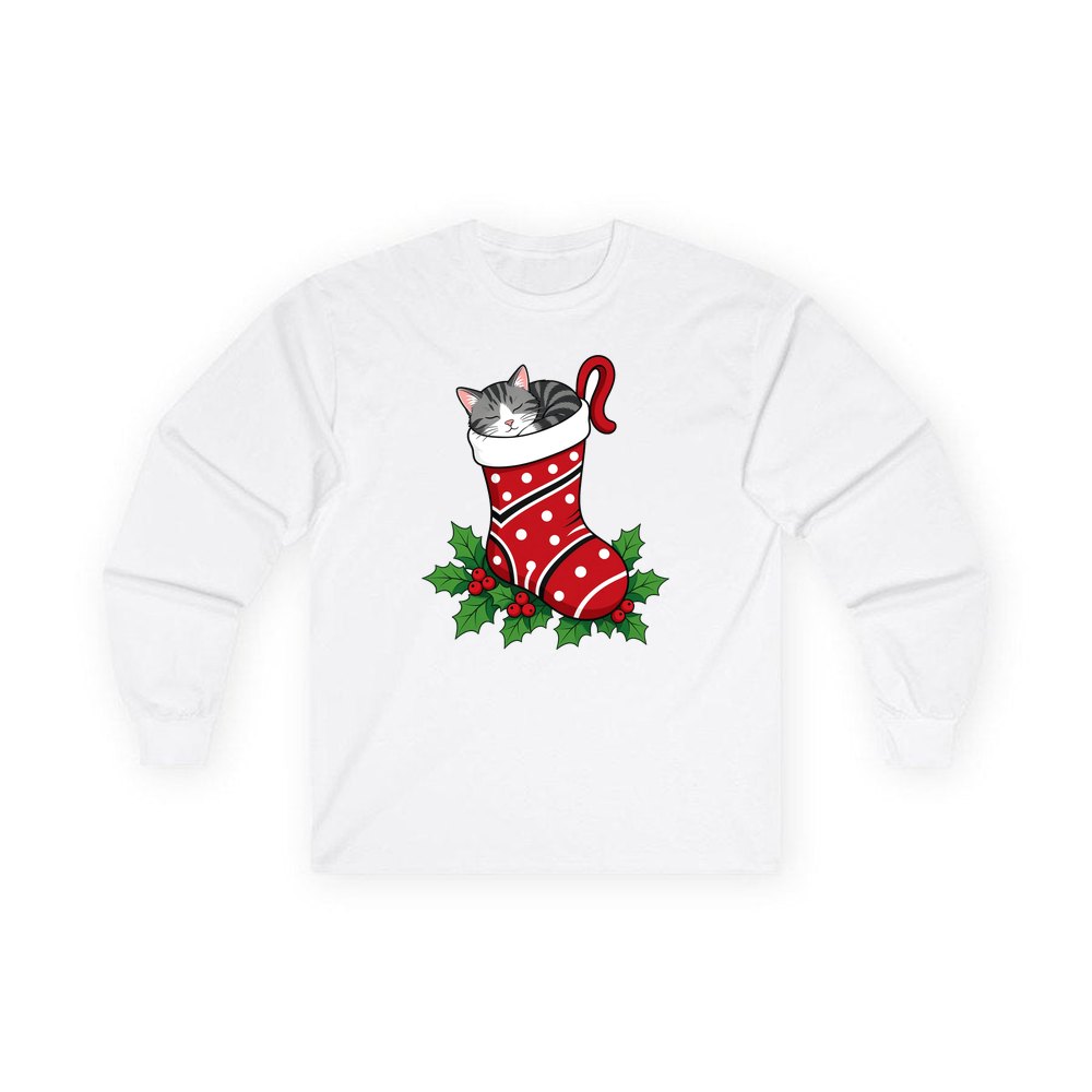 Cat Asleep in Stocking personalised long sleeve Christmas T-shirt in white