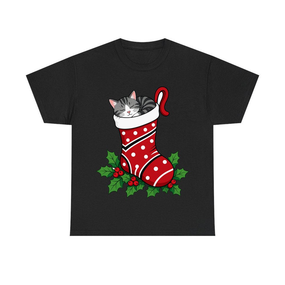 Cat Asleep in Stocking personalised Christmas T-shirt in black