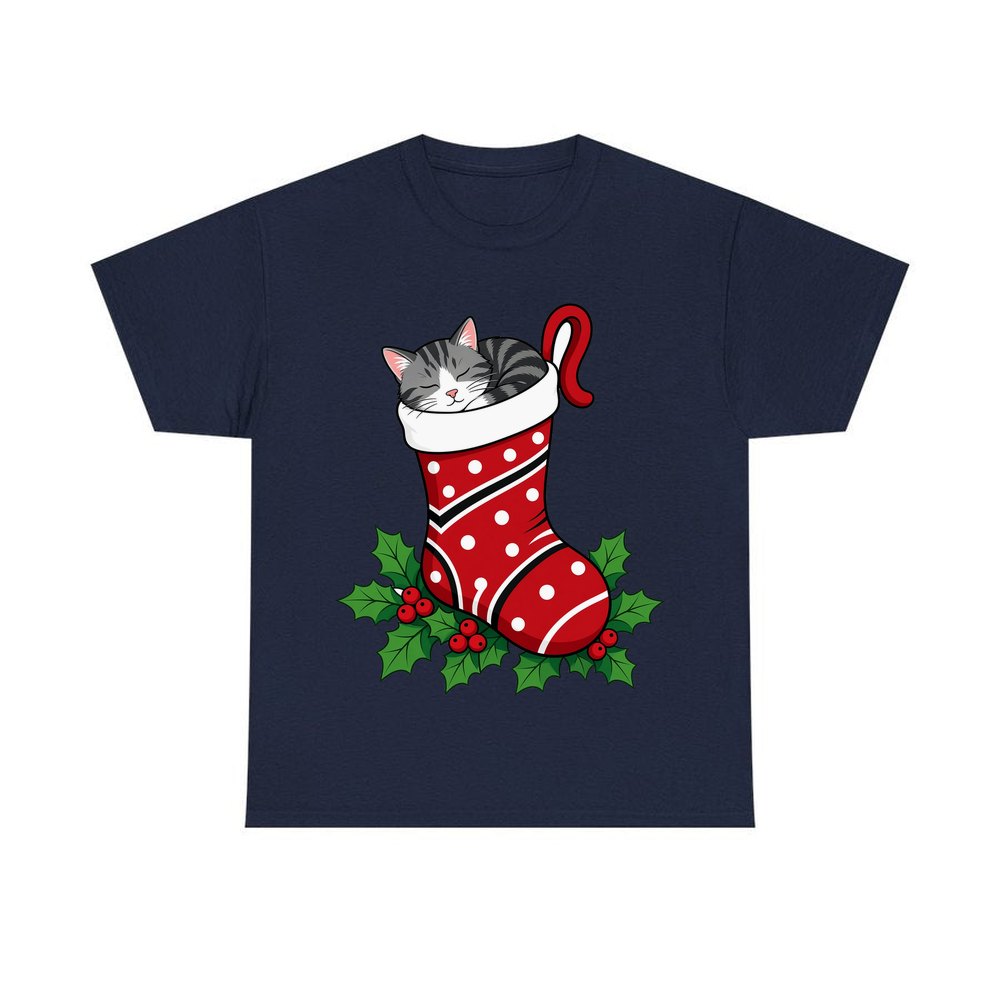 Cat Asleep in Stocking personalised Christmas T-shirt in navy