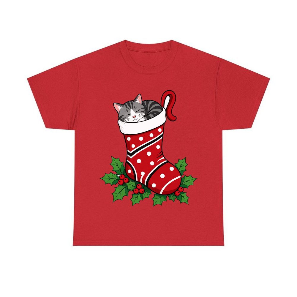 Cat Asleep in Stocking personalised Christmas T-shirt in red