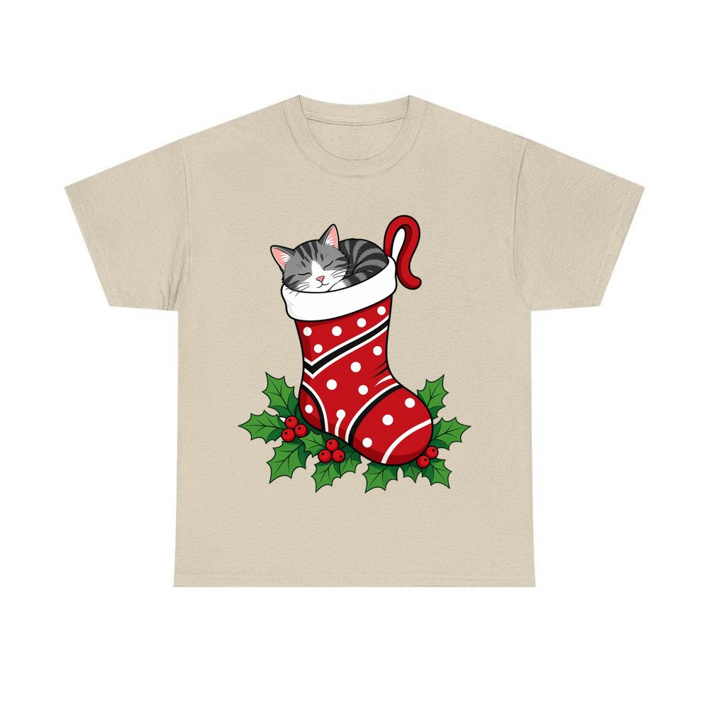 Cat Asleep in Stocking personalised Christmas T-shirt in sand