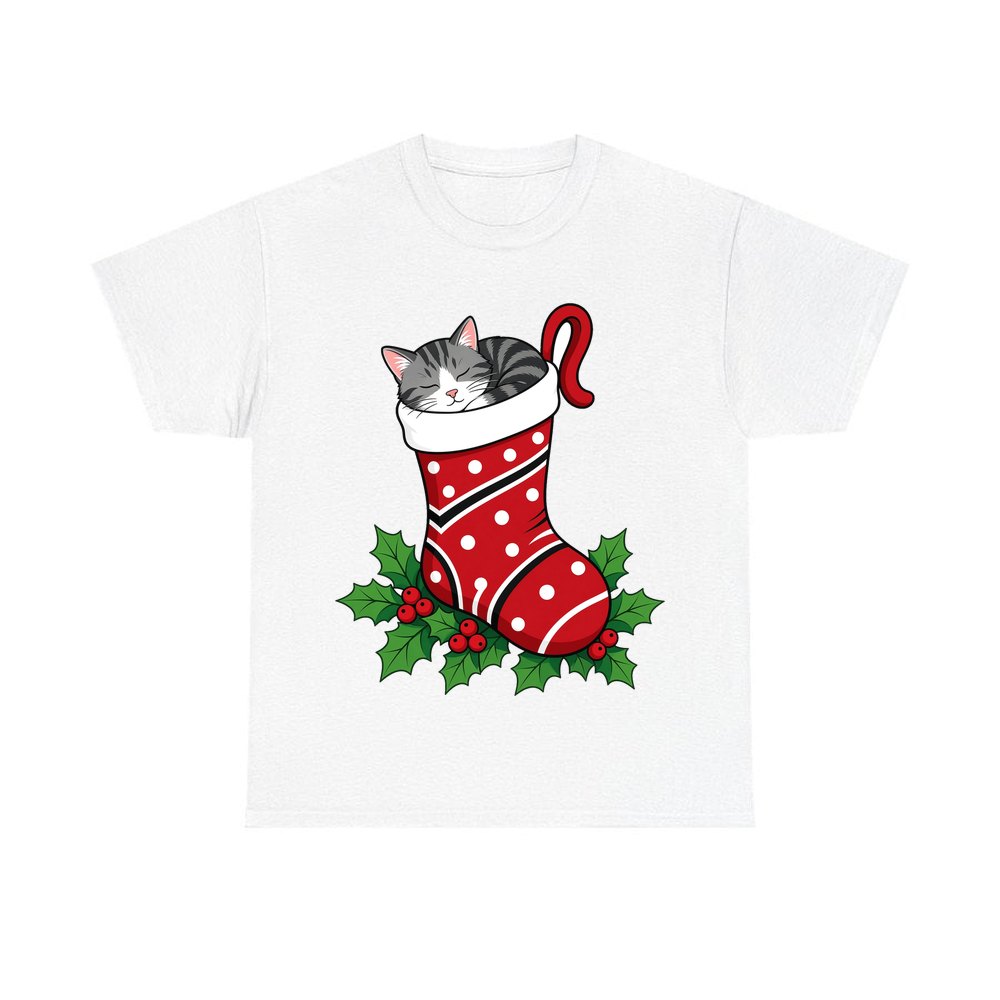 Cat Asleep in Stocking personalised Christmas T-shirt in white