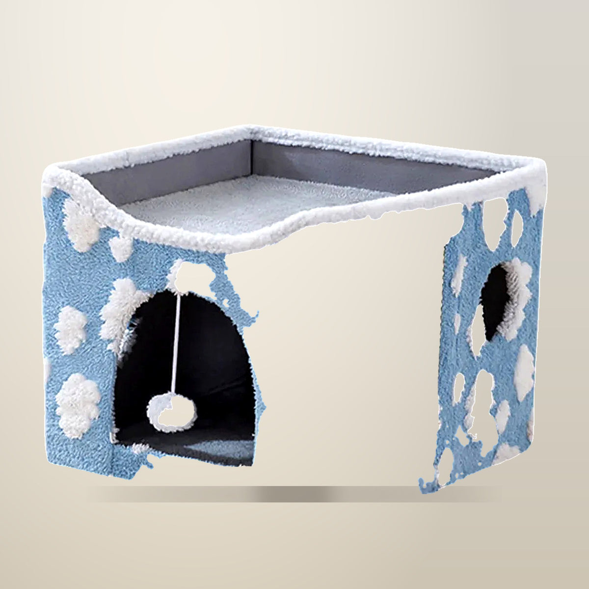 Foldable Two Tier Cat Bed with Scratching Panel, 41 cm, Blue, on a plain cream background