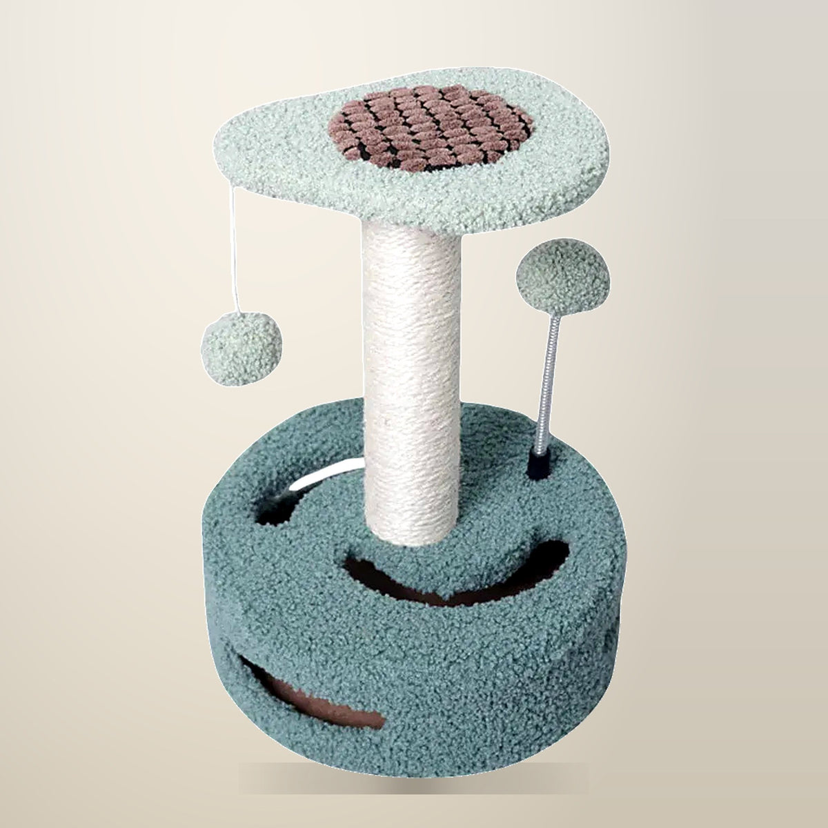 Fruit Inspired Cat Scratching Post with Hanging Balls, 35 cm, Green, on a plain cream background