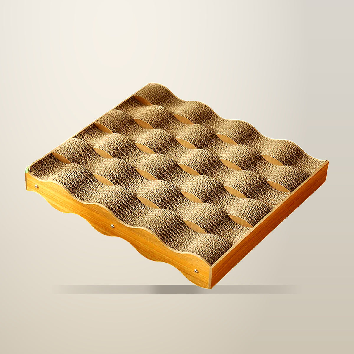 Corrugated Cardboard Cat Scratcher and Lounger, 39 x 43 cm, on a plain cream background