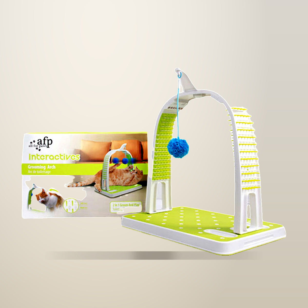 All For Paws Cat Grooming Arch with Scratcher, on a plain cream background