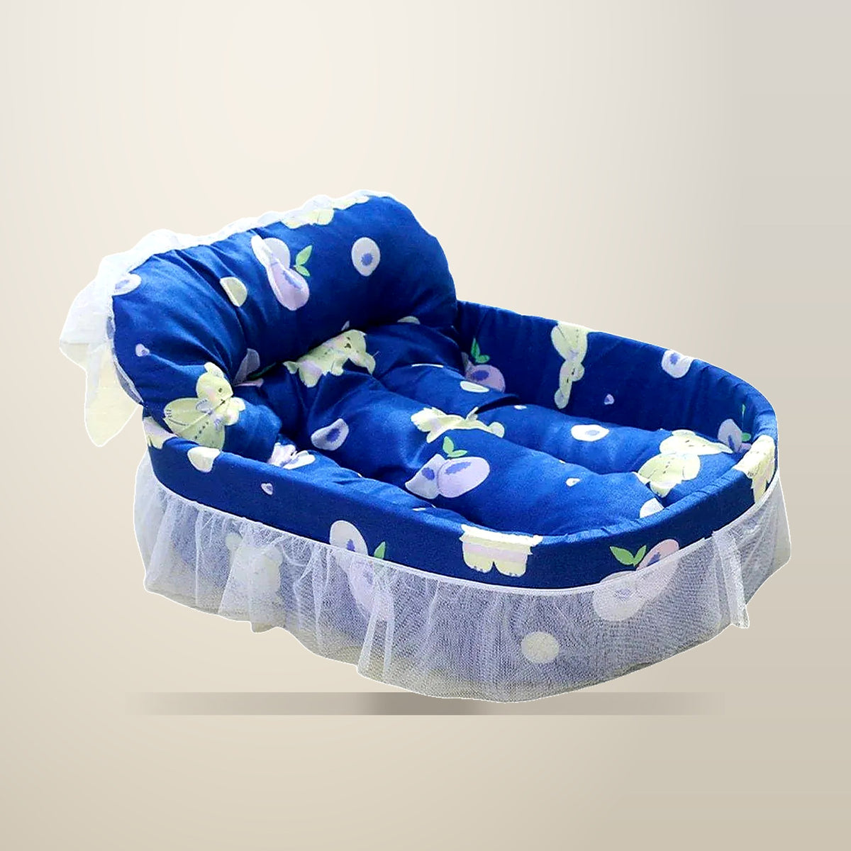 Princess Style Lace Pet Bed for Cats and Small Dogs, 57 cm, Blue, on a plain cream background