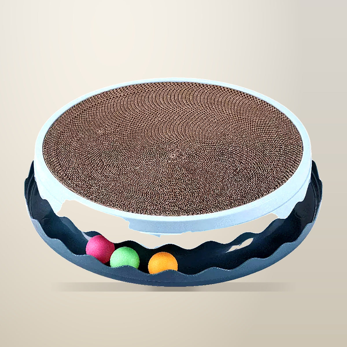 Round Cat Scratcher with Ball Track, 36 cm, on a plain cream background