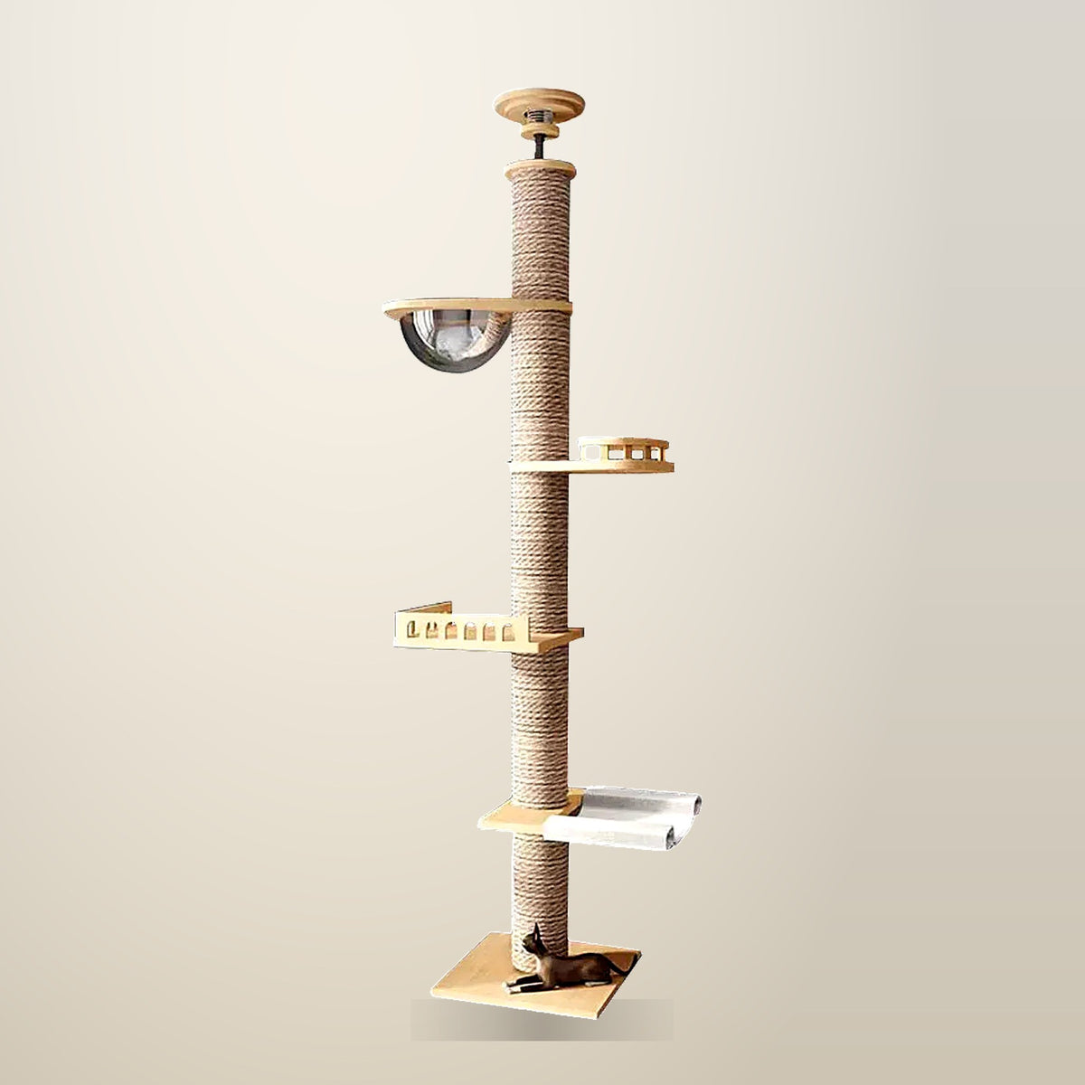 Floor Standing Cat Tree, Adjustable Height, Natural Wood, on a plain cream background