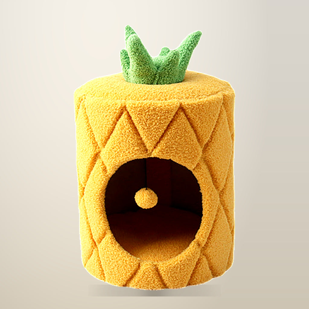 CATIO Pineapple Cat House, Yellow and Green, on a plain cream background