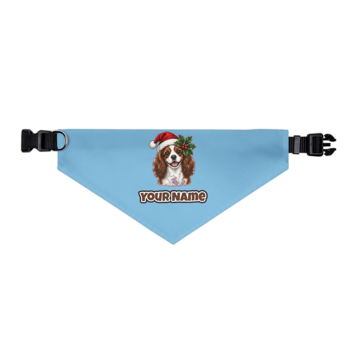 Cavalier King Charles Spaniel personalised Christmas pet bandana in sky blue, collar with buckle