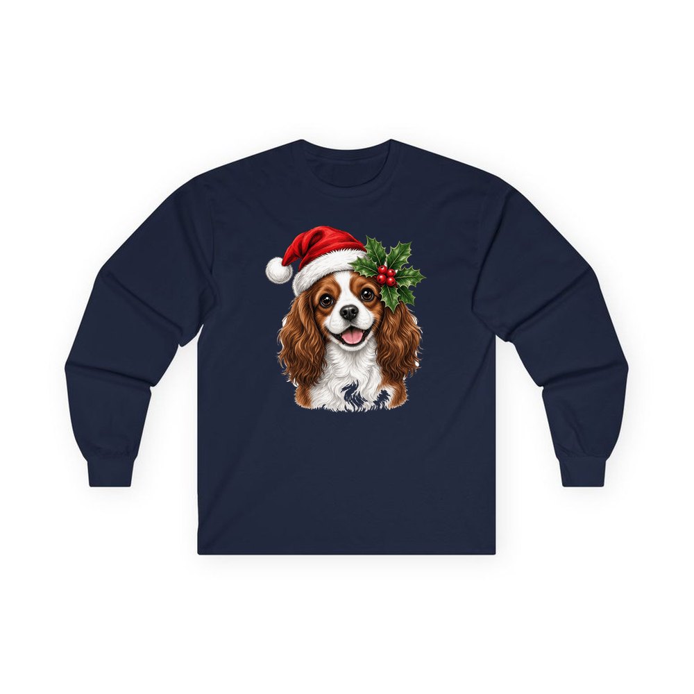 Cavalier King Charles Spaniel personalised long sleeve Christmas T-shirt in navy